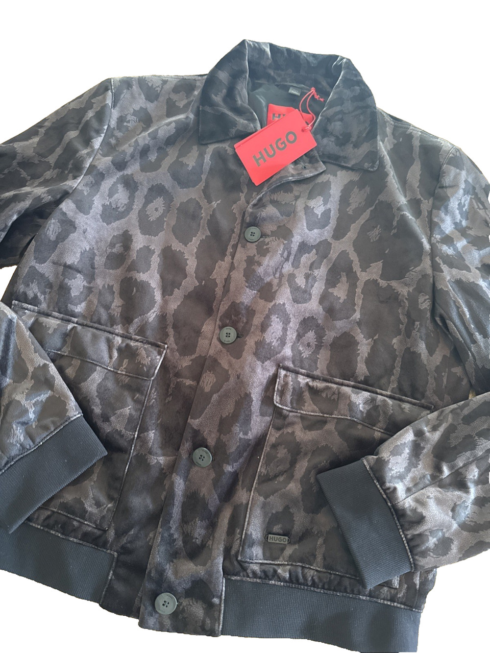 Hugo Boss Hayson Leopard Bomber Jacket 38R Black Tonal Slim Fit NWT MSRP495